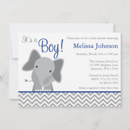 Invitación Baby Shower azul de la Marina Cute Elephant Chevro