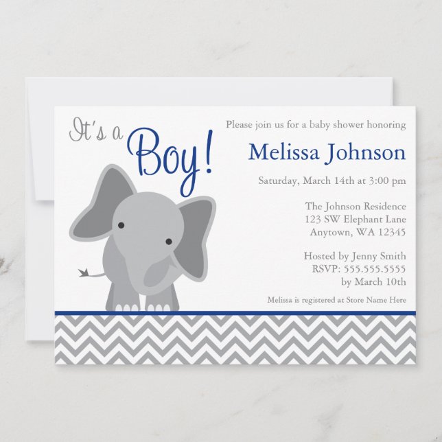 Invitación Baby Shower azul de la Marina Cute Elephant Chevro (Anverso)