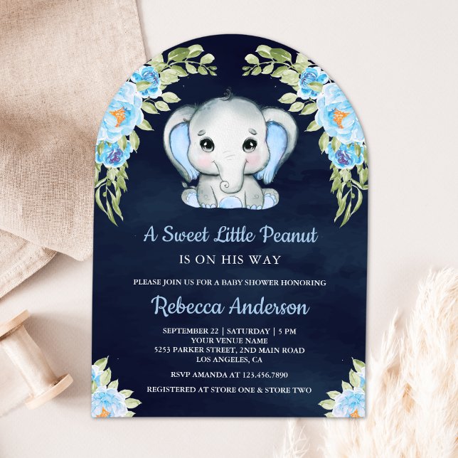 Invitación Baby Shower azul de la Marina Cute Floral Elephant (Subido por el creador)