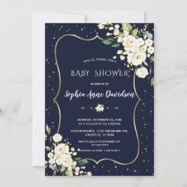 Invitación Baby Shower azul de la marina de flores blancas de