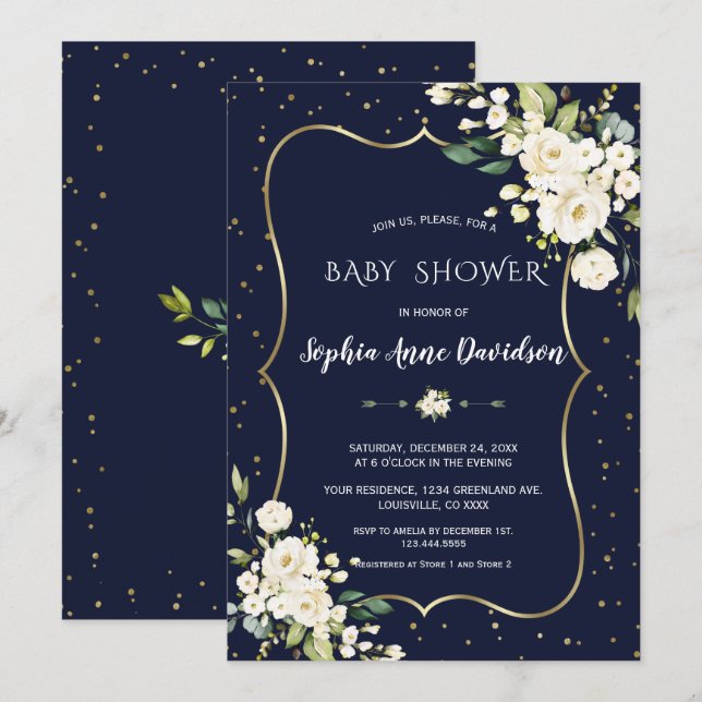 Invitación Baby Shower azul de la marina de flores blancas de (Anverso / Reverso)
