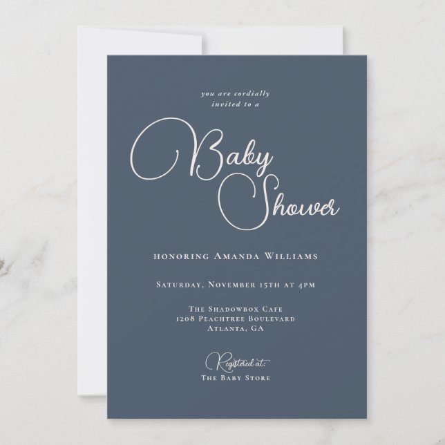 Invitación Baby Shower azul de la marina de simplicidad moder (Anverso)