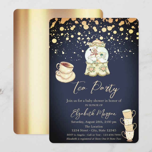 Invitación Baby Shower azul de la Marina Fiesta del té con pu (Anverso / Reverso)
