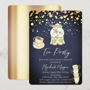 Invitación Baby Shower azul de la Marina Fiesta del té con pu