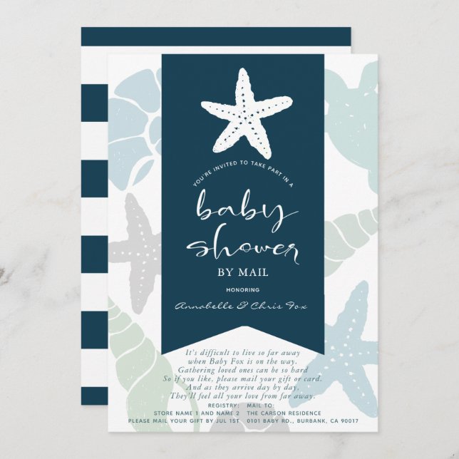 Invitación Baby Shower azul de la marina Starfish & Seashells (Anverso / Reverso)