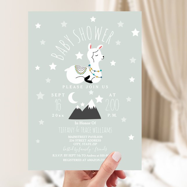 Invitación Baby Shower azul de las estrellas de Llama (Subido por el creador)
