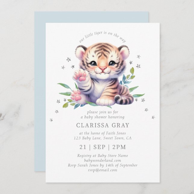 Invitación Baby Shower azul de las estrellas del tigre animal (Anverso / Reverso)