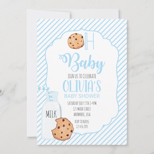 Invitación Baby Shower azul de leche y cookies (Anverso)