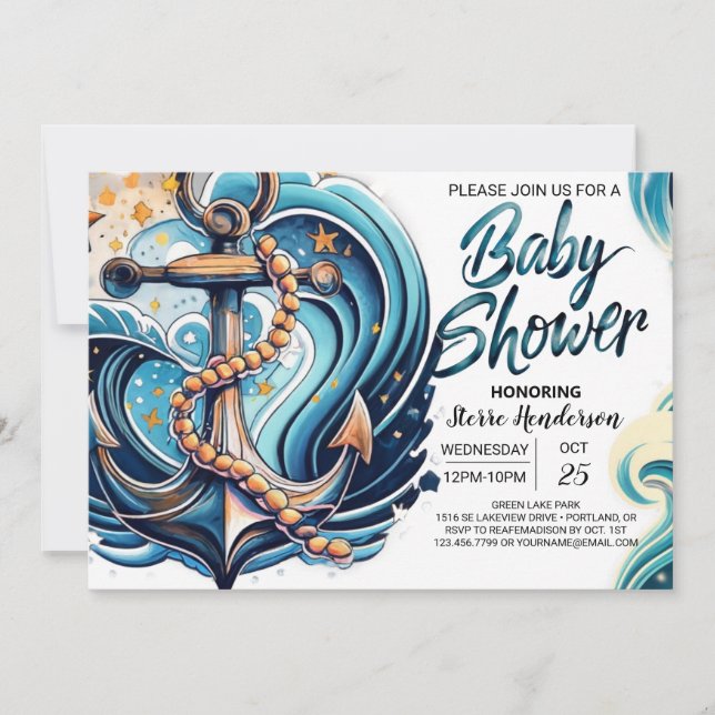 Invitación Baby Shower azul de ondas náuticas (Anverso)