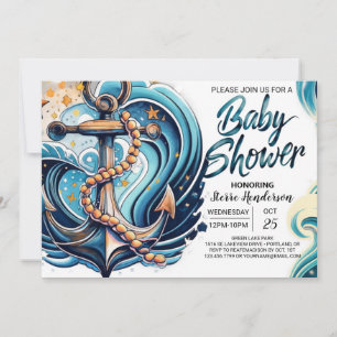 Invitación Baby Shower azul de ondas náuticas