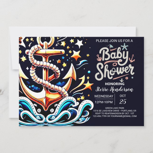 Invitación Baby Shower azul de ondas náuticas impresas (Anverso)