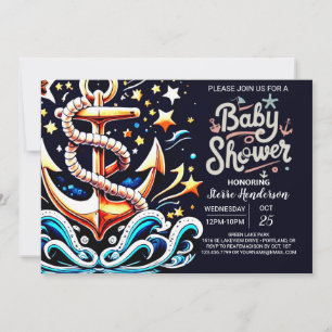 Invitación Baby Shower azul de ondas náuticas impresas
