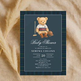Invitación Baby Shower azul de oso precoz deportivo