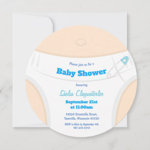 Invitación Baby Shower azul de piel clara y pañal