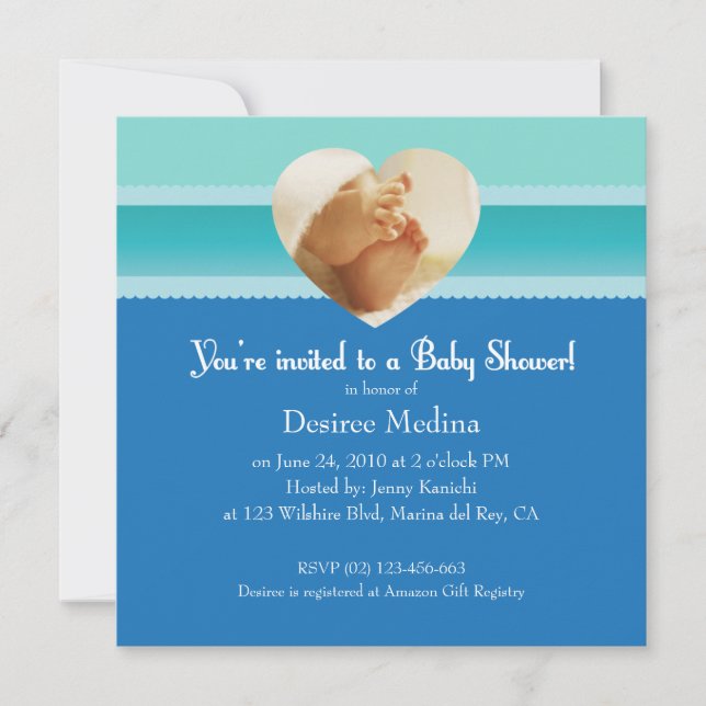 Invitación Baby Shower azul de pies pequeños para bebé (Anverso)