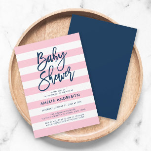 Invitación Baby Shower azul de rayas rosadas y blancas pastel