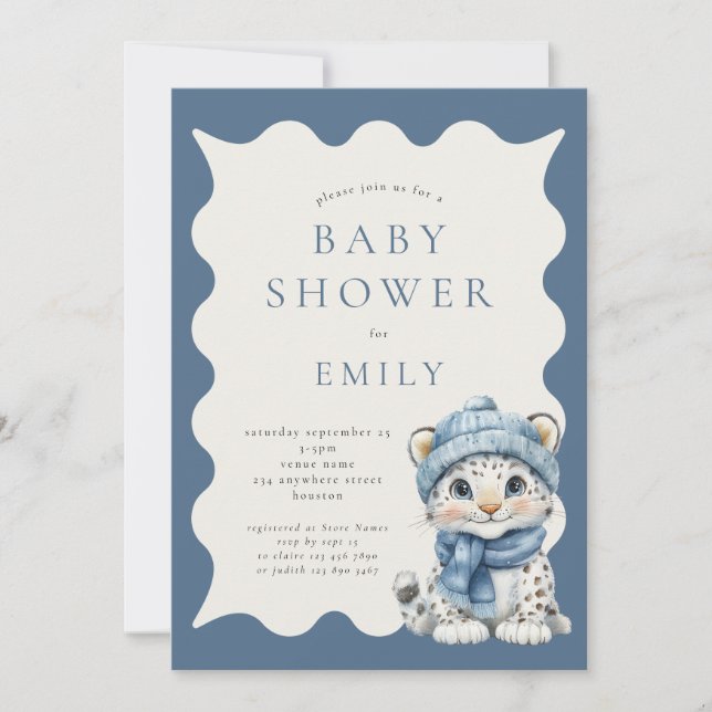 Invitación Baby Shower azul de Snow Leopard Arctic (Anverso)