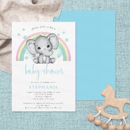 Invitación Baby Shower azul del arcoiris del elefante cutáneo