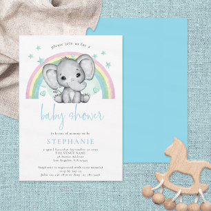 Invitación Baby Shower azul del arcoiris del elefante cutáneo