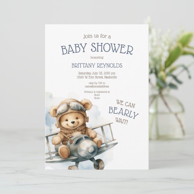 Invitación Baby Shower azul del oso aéreo (Anverso de pie)