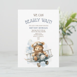 Invitación Baby Shower azul del oso del avión de espera tempr