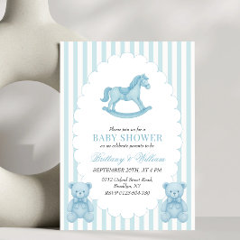 Invitación Baby Shower azul del oso preppy de caballo de roca