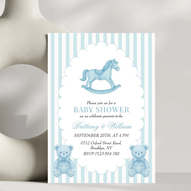 Invitación Baby Shower azul del oso preppy de caballo de roca (Subido por el creador)