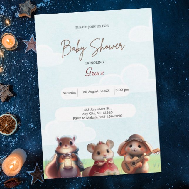 Invitación Baby Shower azul del ratón de la ardilla del conej (Subido por el creador)