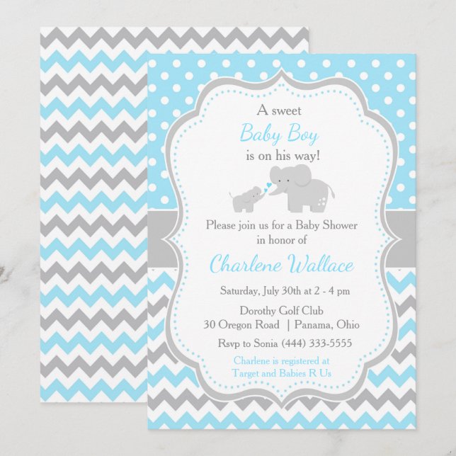 Invitación Baby Shower azul elefante y gris (Anverso / Reverso)