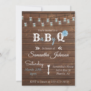 Invitación Baby Shower Azul Fiesta Niño BBQ Rústico Madera