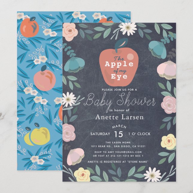 Invitación Baby Shower azul floral Apple Black Chalkboard (Anverso / Reverso)