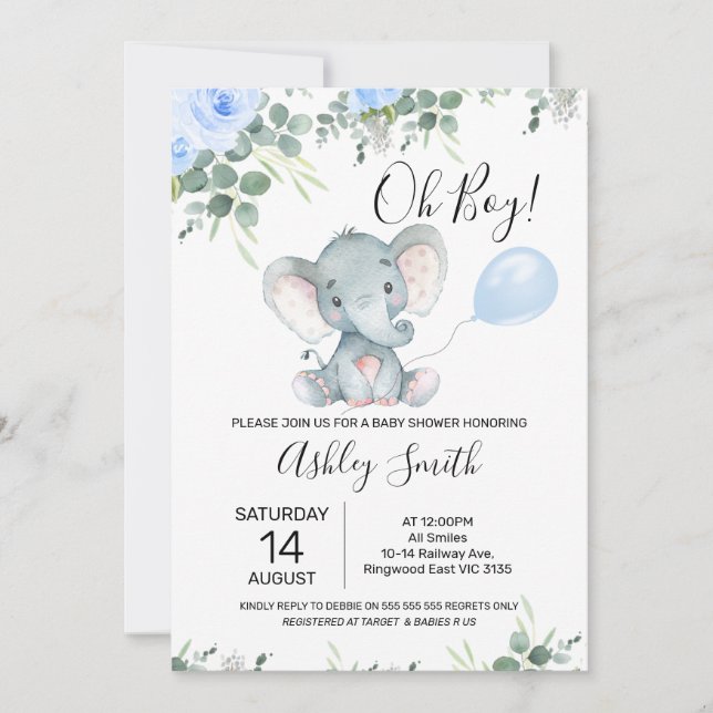 Invitación Baby Shower azul floral Eucalyptus Elephant (Anverso)