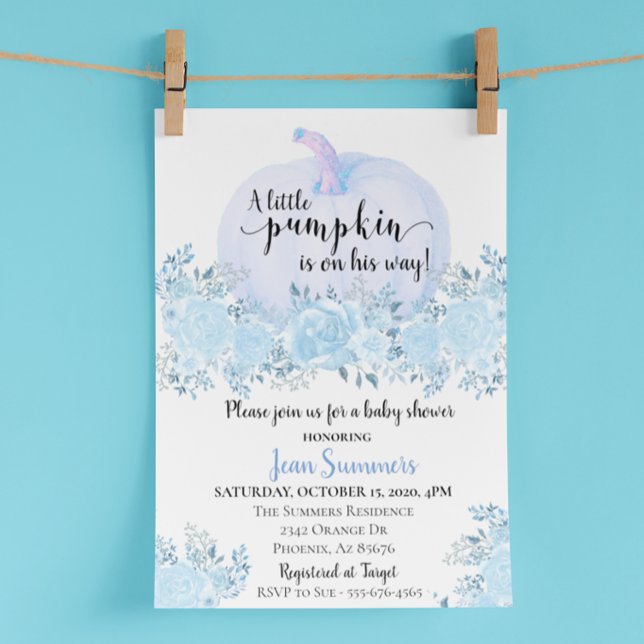 Invitación Baby Shower Azul Floral Niño Calabaza Otoño (Subido por el creador)