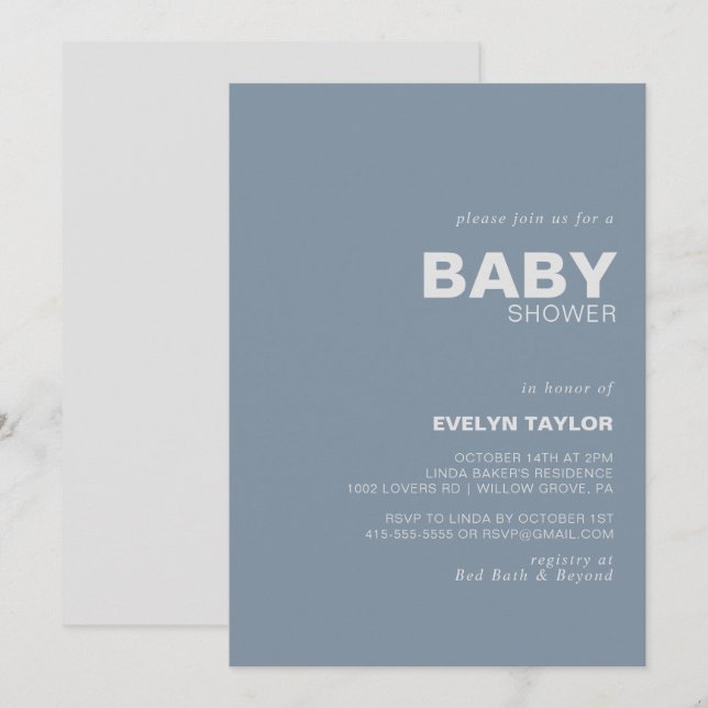 Invitación Baby Shower azul formal elegante minimalista (Anverso / Reverso)