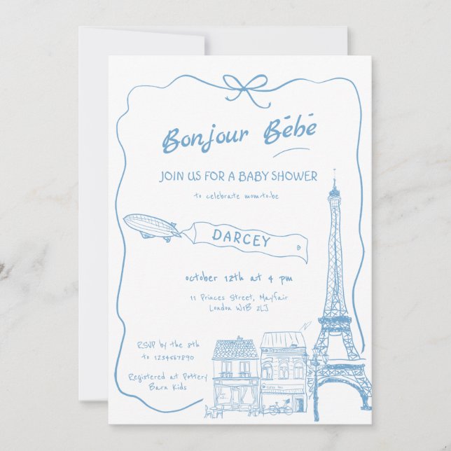 Invitación Baby Shower azul francés de mano dibujado Bonjour  (Anverso)