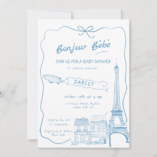 Invitación Baby Shower azul francés de mano dibujado Bonjour 