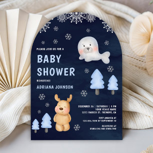 Invitación Baby Shower Azul Marino Animales Árticos de Invier