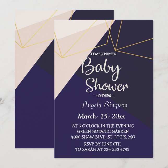 Invitación Baby Shower azul marino blanco rosa y geométrico d (Anverso / Reverso)