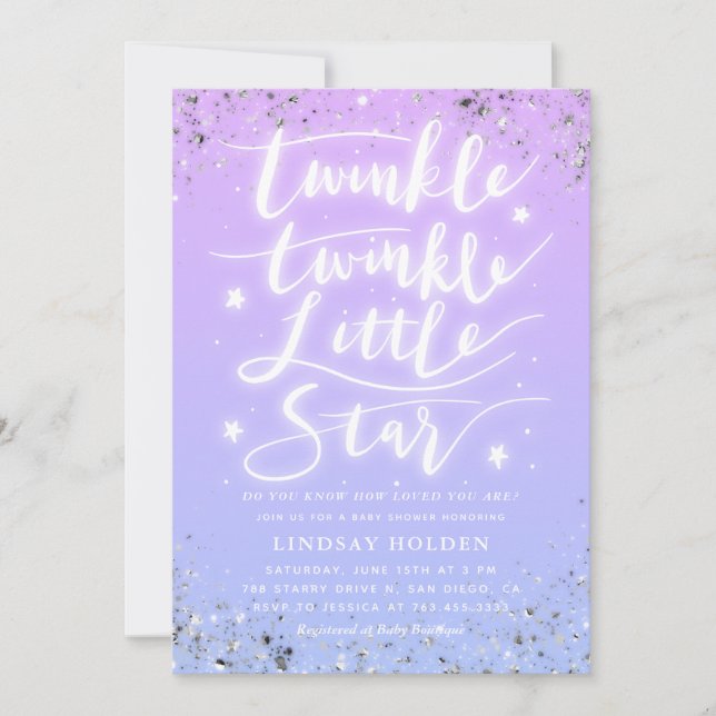 Invitación Baby Shower azul morado de estrella pequeña (Anverso)