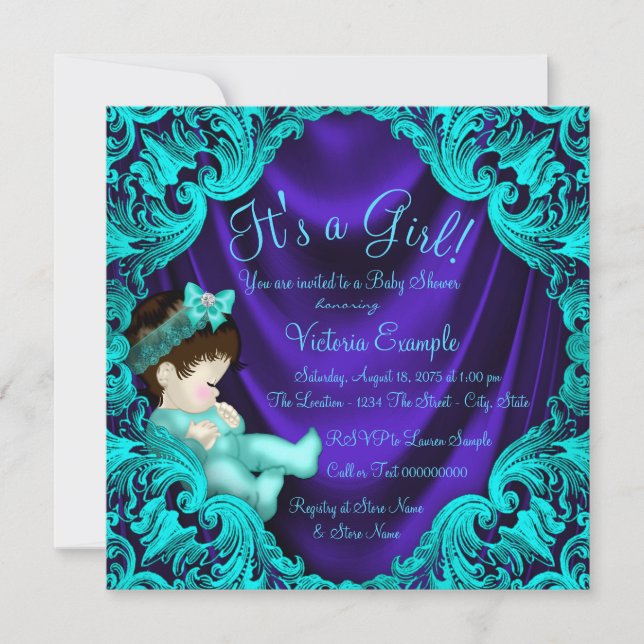 Invitación Baby Shower azul morado y Verde azulado (Anverso)