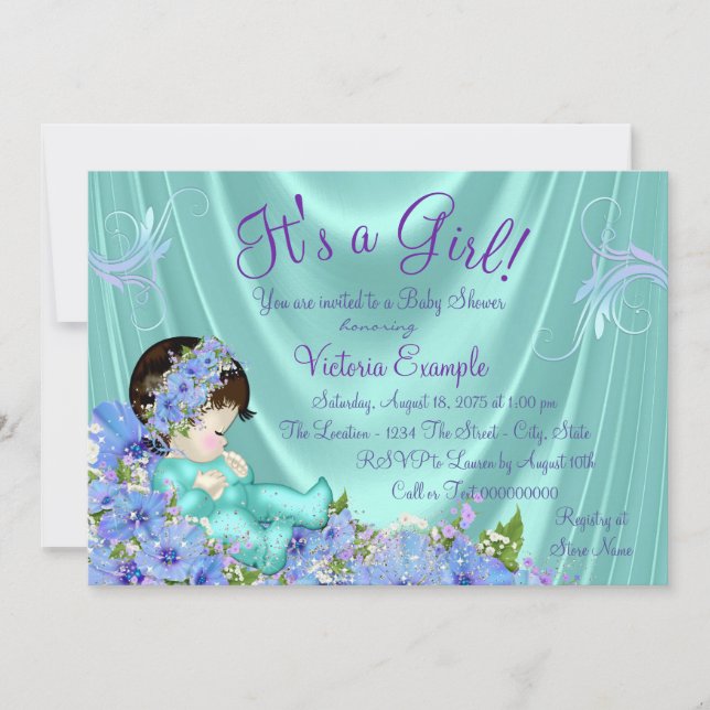 Invitación Baby Shower azul morado y Verde azulado (Anverso)