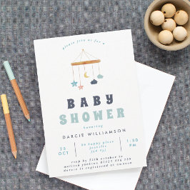 Invitación Baby Shower azul móvil de la cuna moderna