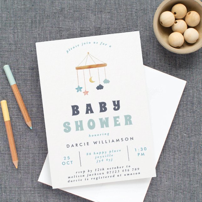 Invitación Baby Shower azul móvil de la cuna moderna (Subido por el creador)