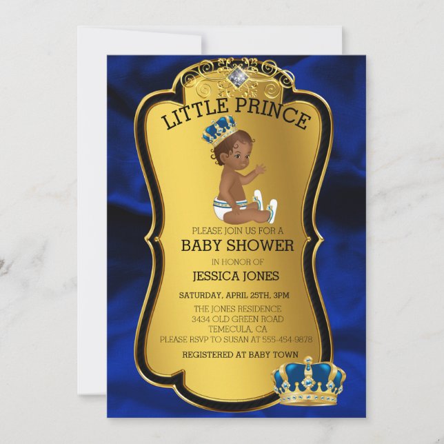 Invitación Baby Shower azul oro de Estados Unidos africano (Anverso)
