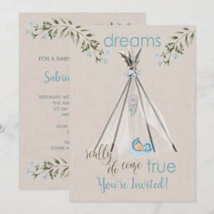 Invitación Baby Shower azul para los niños Boho DreamCatcher