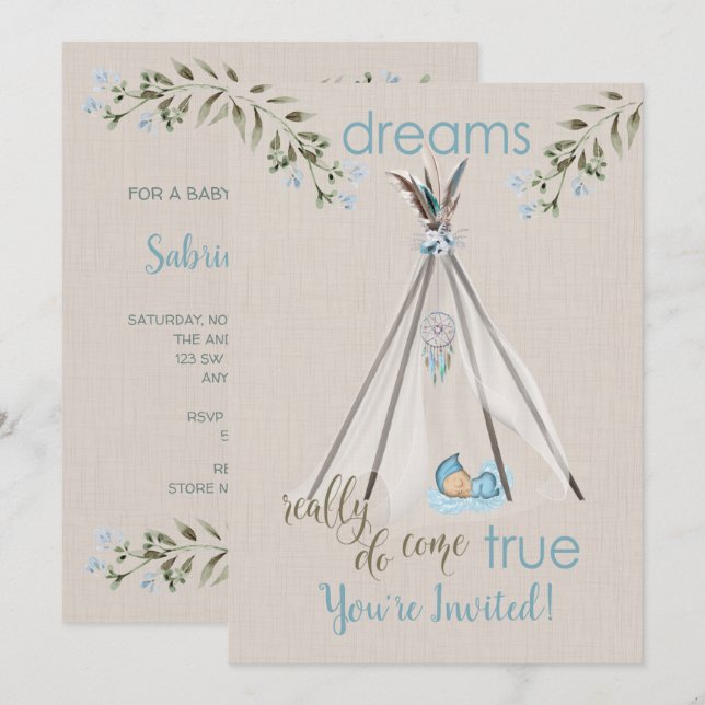 Invitación Baby Shower azul para los niños Boho DreamCatcher  (Anverso / Reverso)