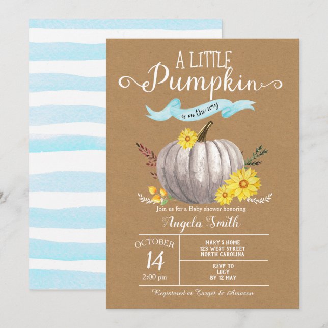 Invitación Baby Shower azul Pequeña Calabaza Caída Invitar kr (Anverso / Reverso)