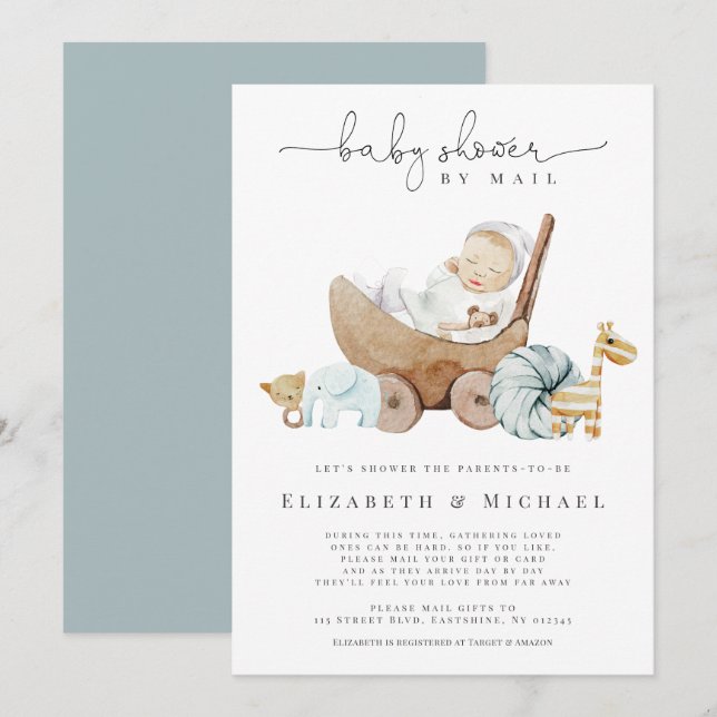 Invitación  Baby Shower Azul Por Mail Boy Boho Distancia Soci (Anverso / Reverso)