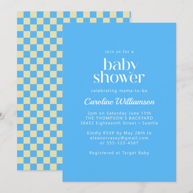Invitación Baby Shower azul retro estético (Anverso / Reverso)