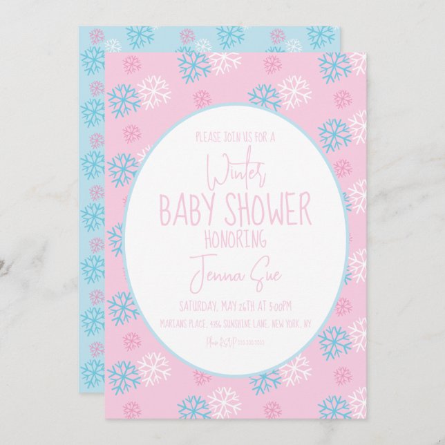 Invitación Baby Shower azul rosado de copos de nieve en invie (Anverso / Reverso)